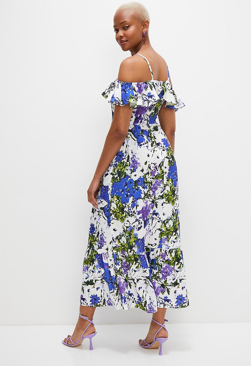 MILLA - Ruffle midi dress with tiered hem - purple blue floral