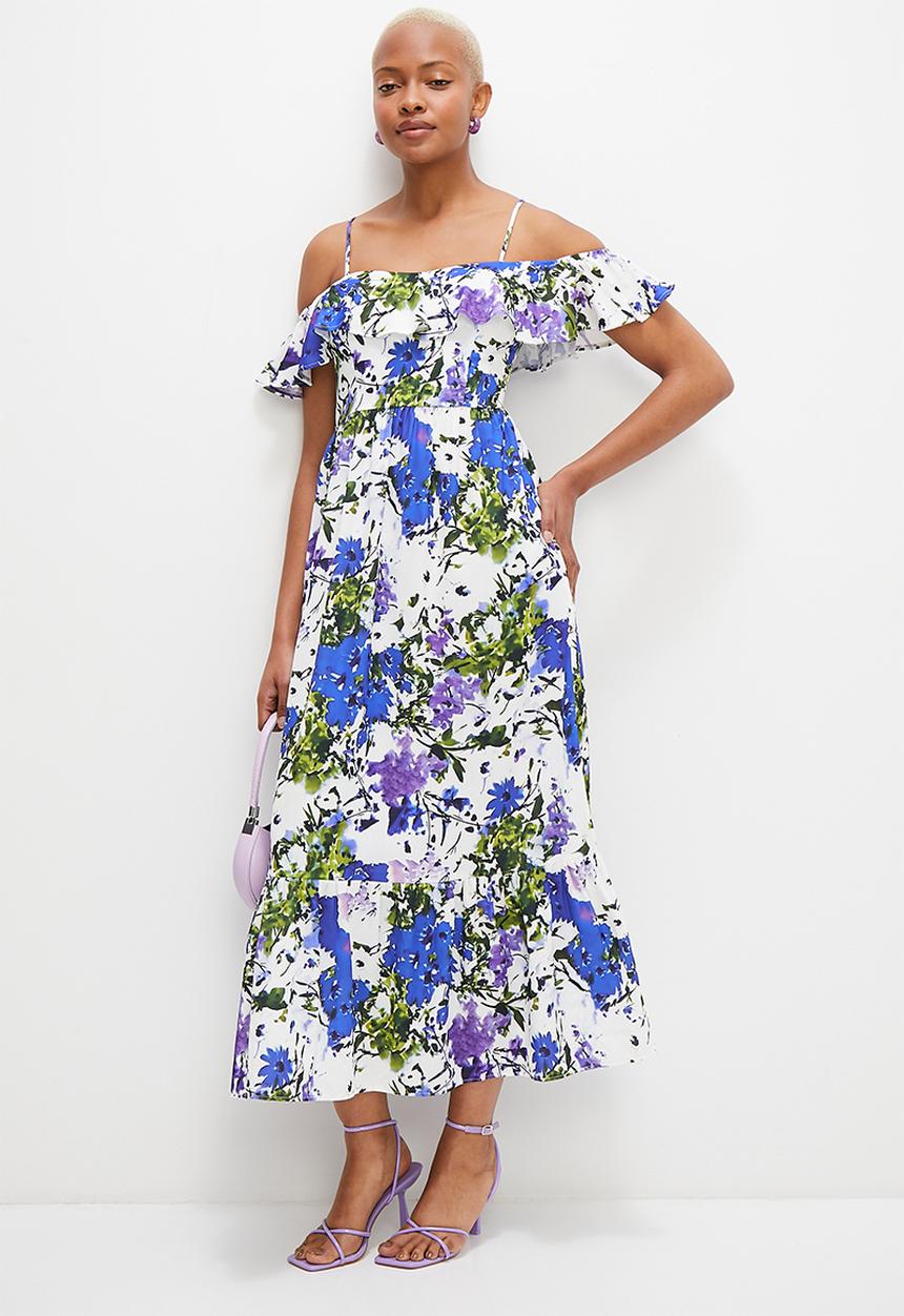 MILLA - Ruffle midi dress with tiered hem - purple blue floral