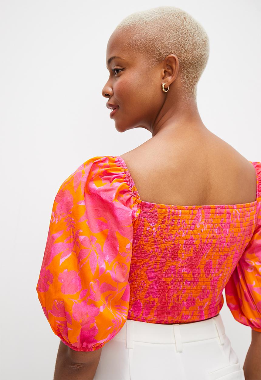 MILLA - Off the shoulder bubble sleeve crop - orange pink shadow flower