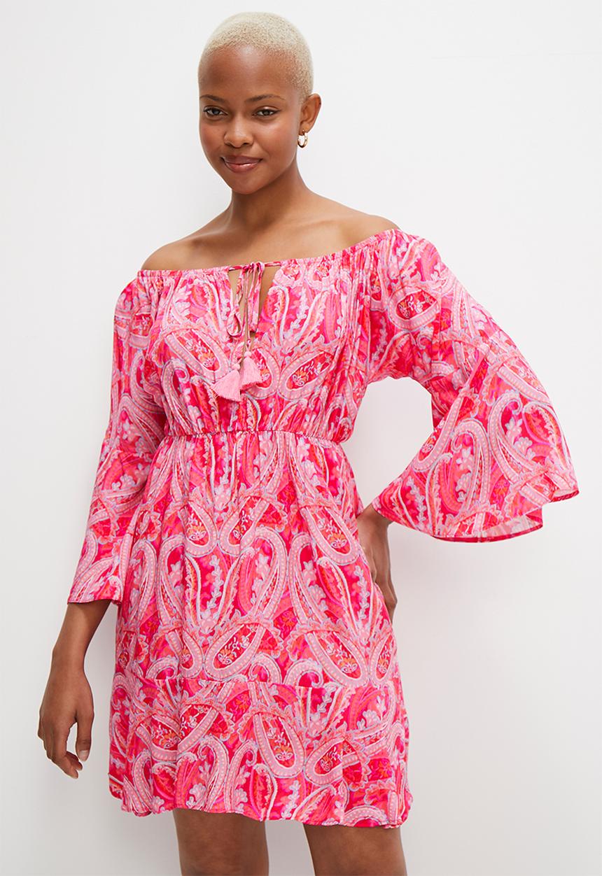 MILLA - Bardot fit and flare mini with tassle trim - paisley print