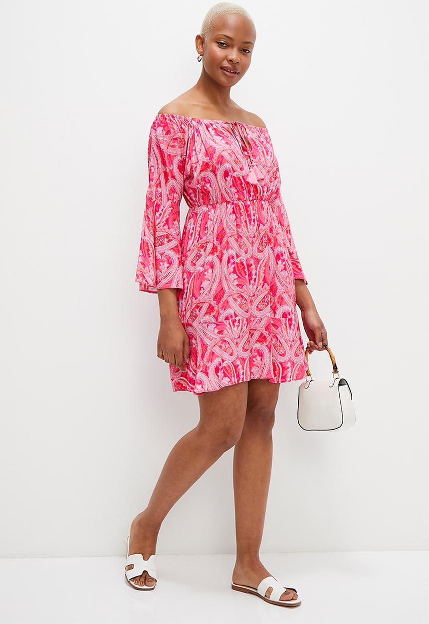 MILLA - Bardot fit and flare mini with tassle trim - paisley print