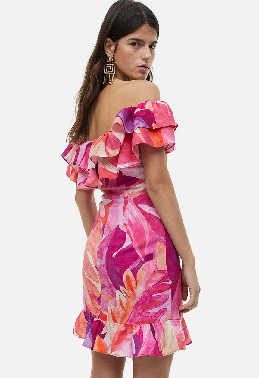 H&M - Off-the-shoulder dress - cerise/leaf-patterned