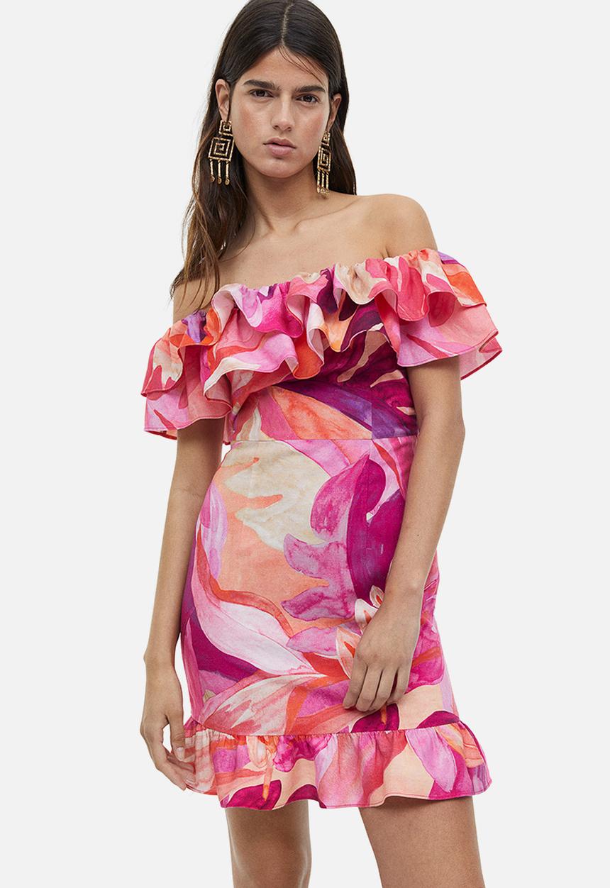 H&M - Off-the-shoulder dress - cerise/leaf-patterned