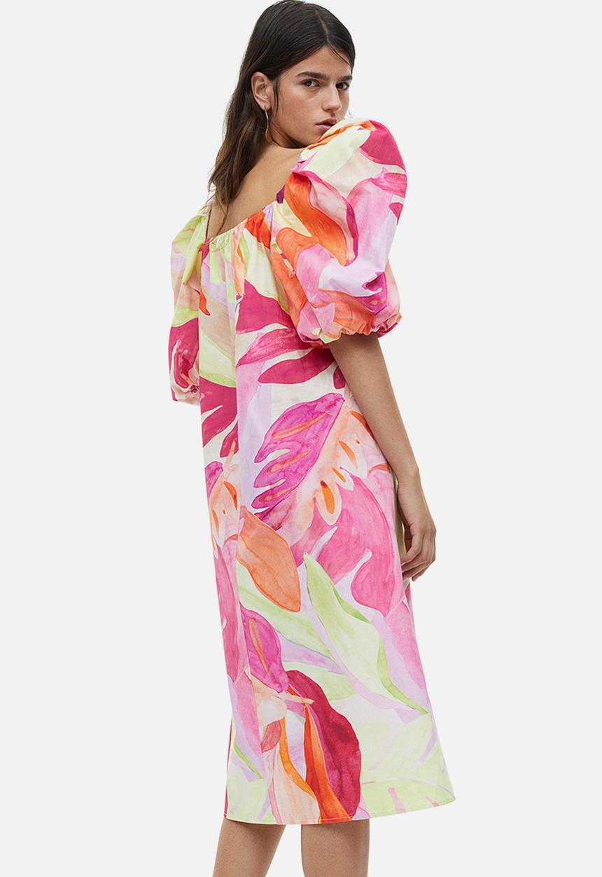 H&M - Puff-sleeved dress - pink leaf-patterned