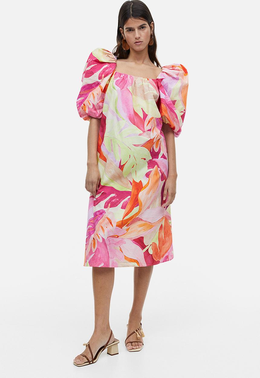 H&M - Puff-sleeved dress - pink leaf-patterned