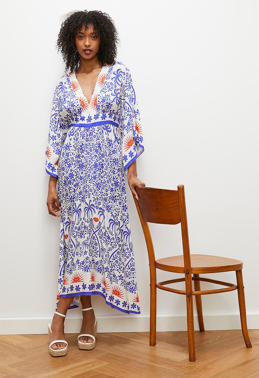 edit - V neck empire midi dress - tiny white rabbit print
