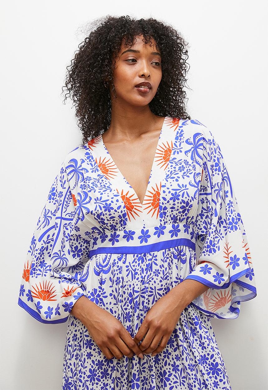 edit - V neck empire midi dress - tiny white rabbit print