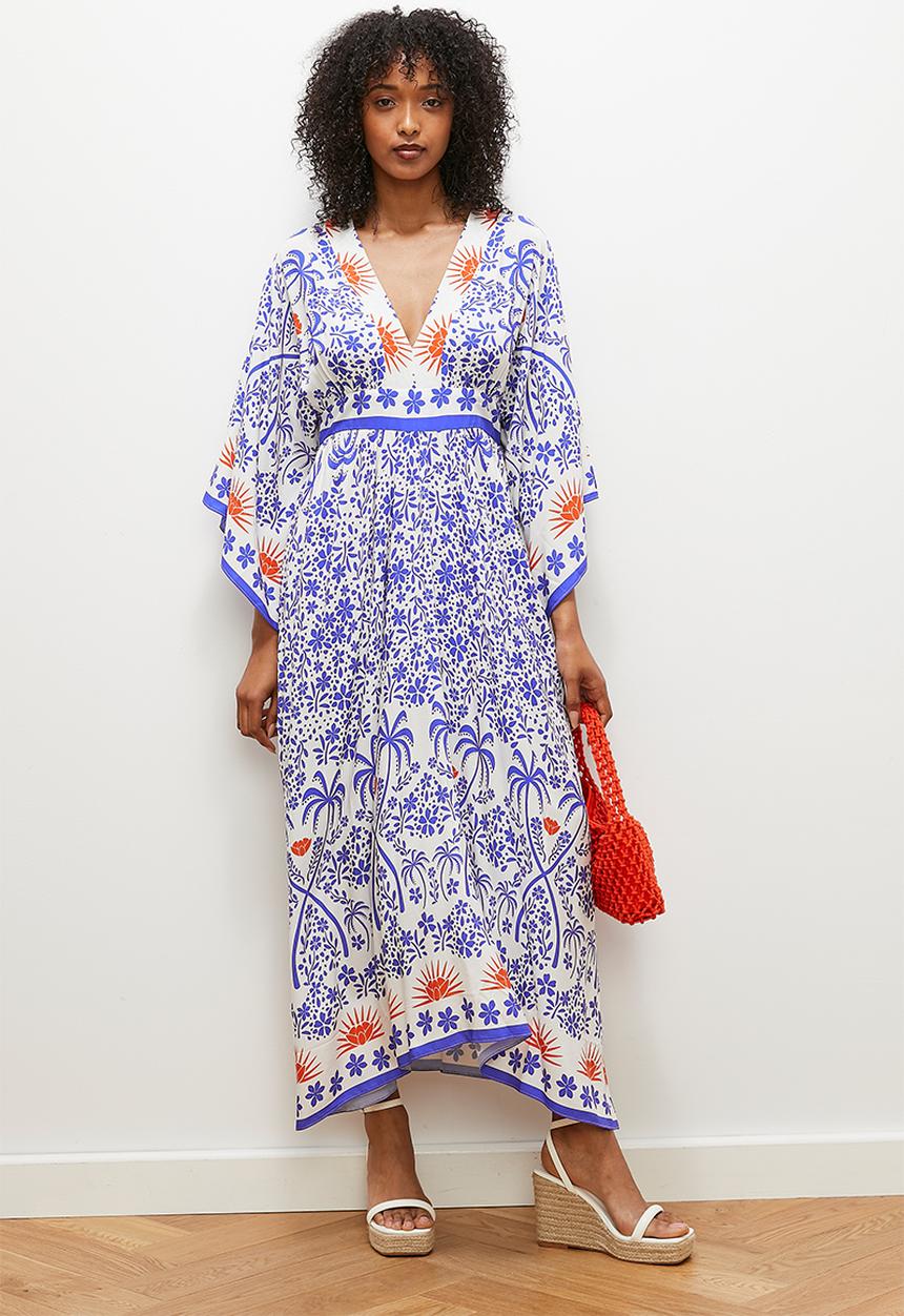 edit - V neck empire midi dress - tiny white rabbit print