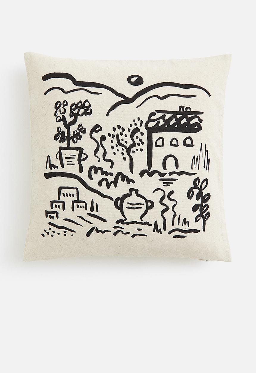 H&M - Printed cushion cover - light beige & black