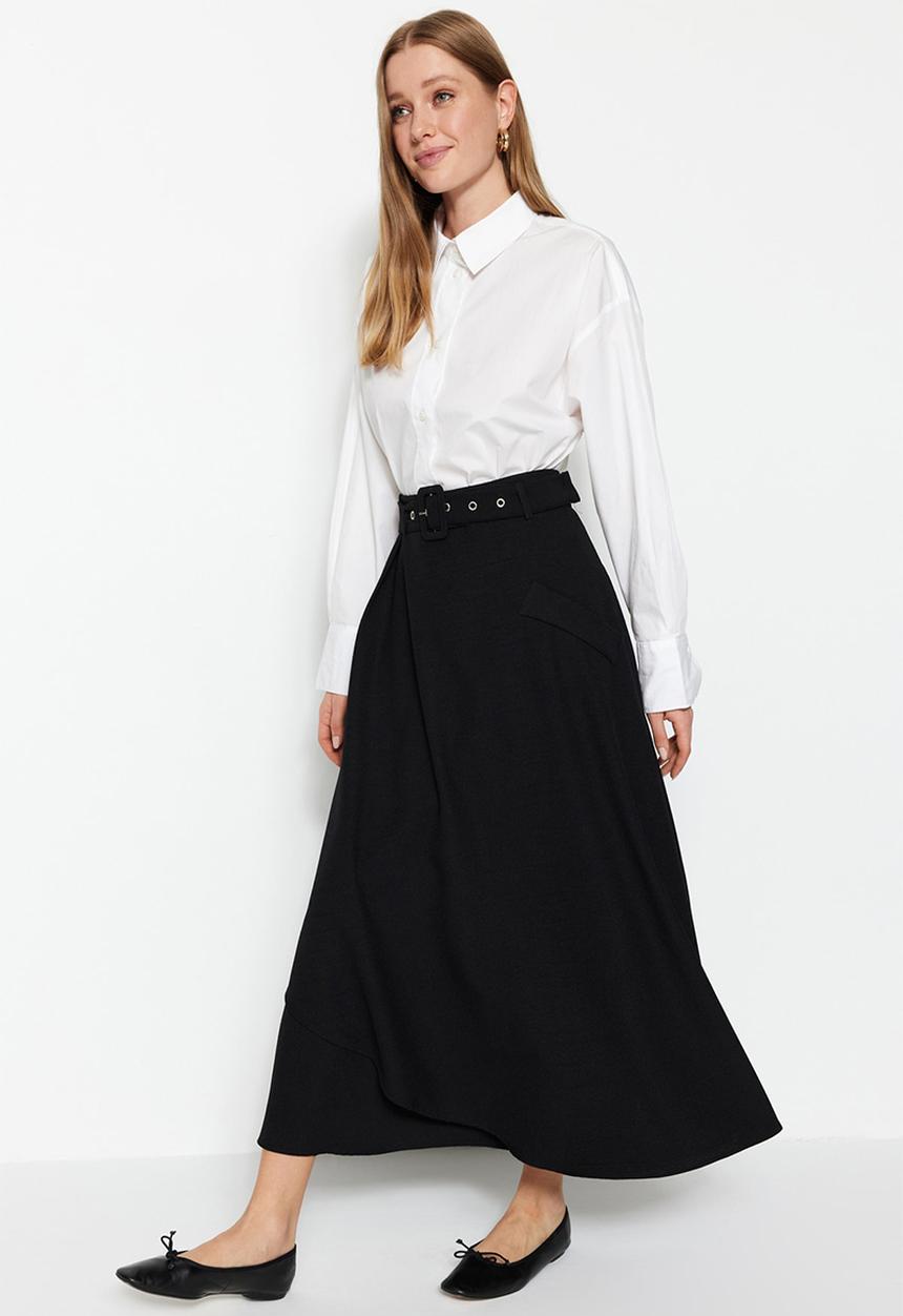Trendyol - Modest belted midi skirt - black