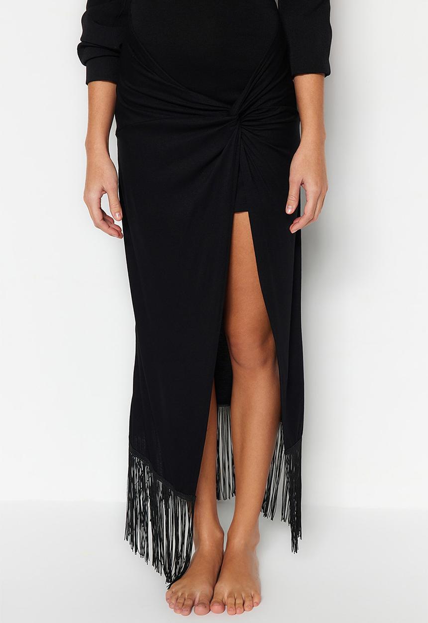 Trendyol - Fringe detail midi skirt - black