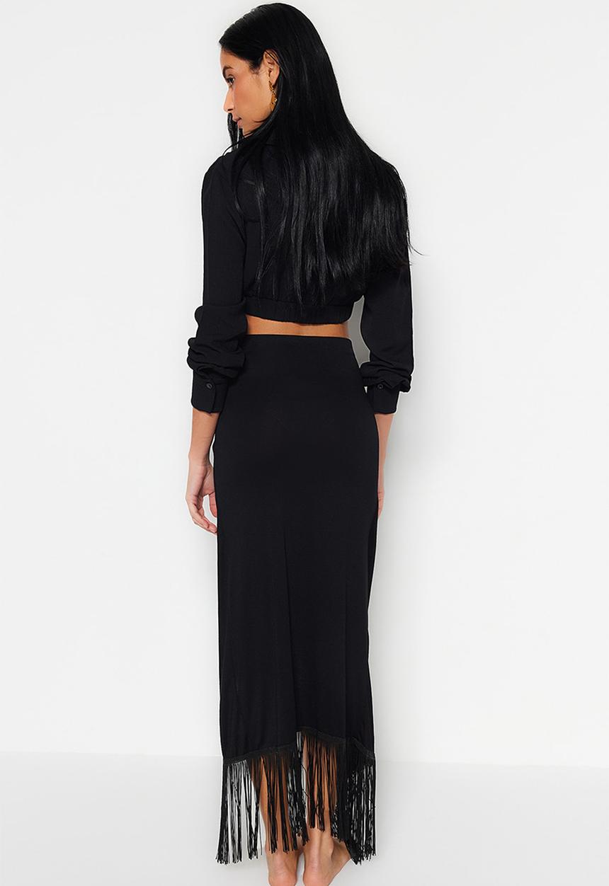 Trendyol - Fringe detail midi skirt - black