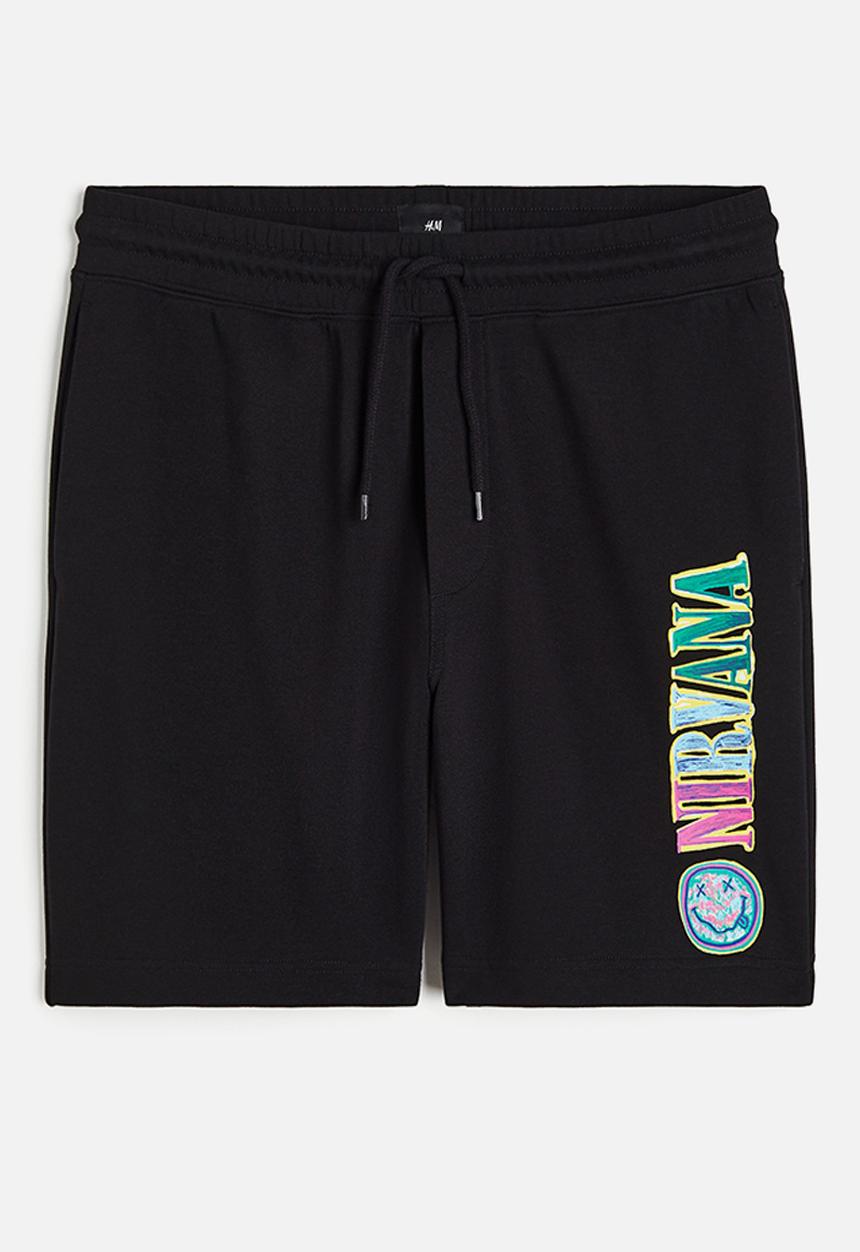 H&M - Regular fit printed sweat shorts - black nirvana