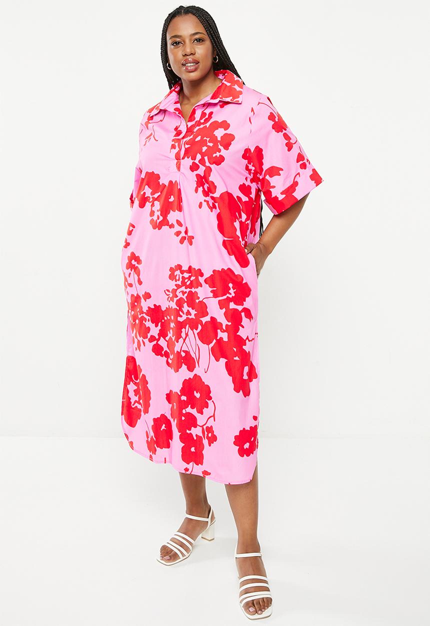 Me&B - Plus Cotton Tunic Shirt Dress - Red & Pink Floral