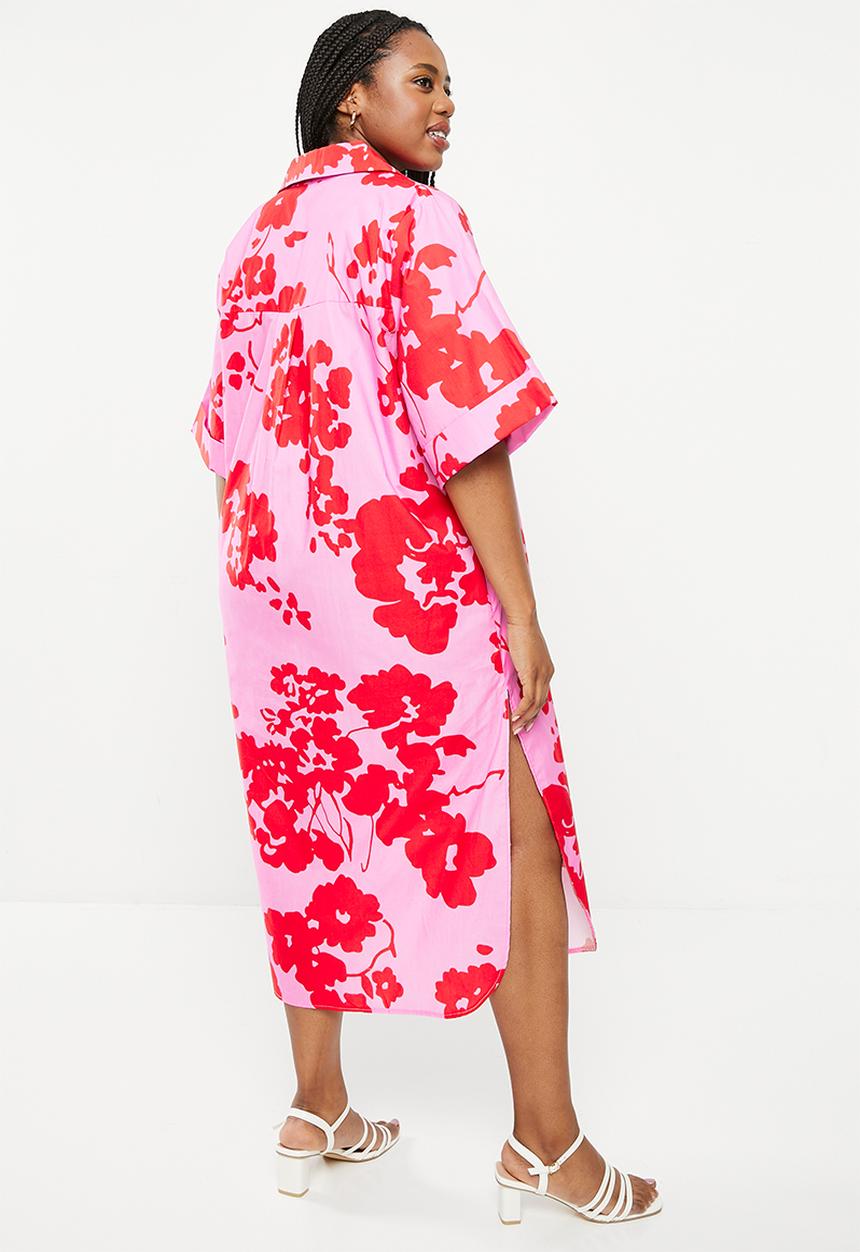Me&B - Plus Cotton Tunic Shirt Dress - Red & Pink Floral
