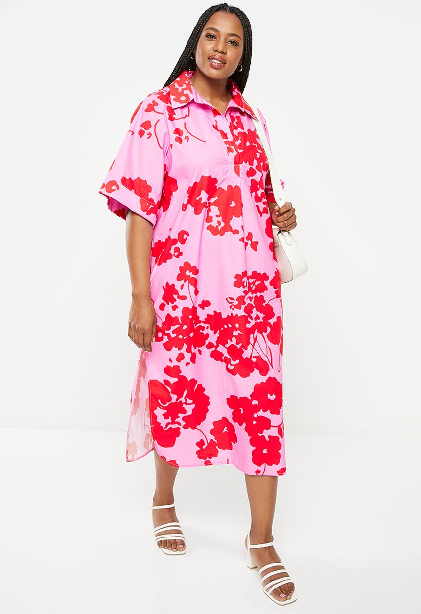 Me&B - Plus Cotton Tunic Shirt Dress - Red & Pink Floral