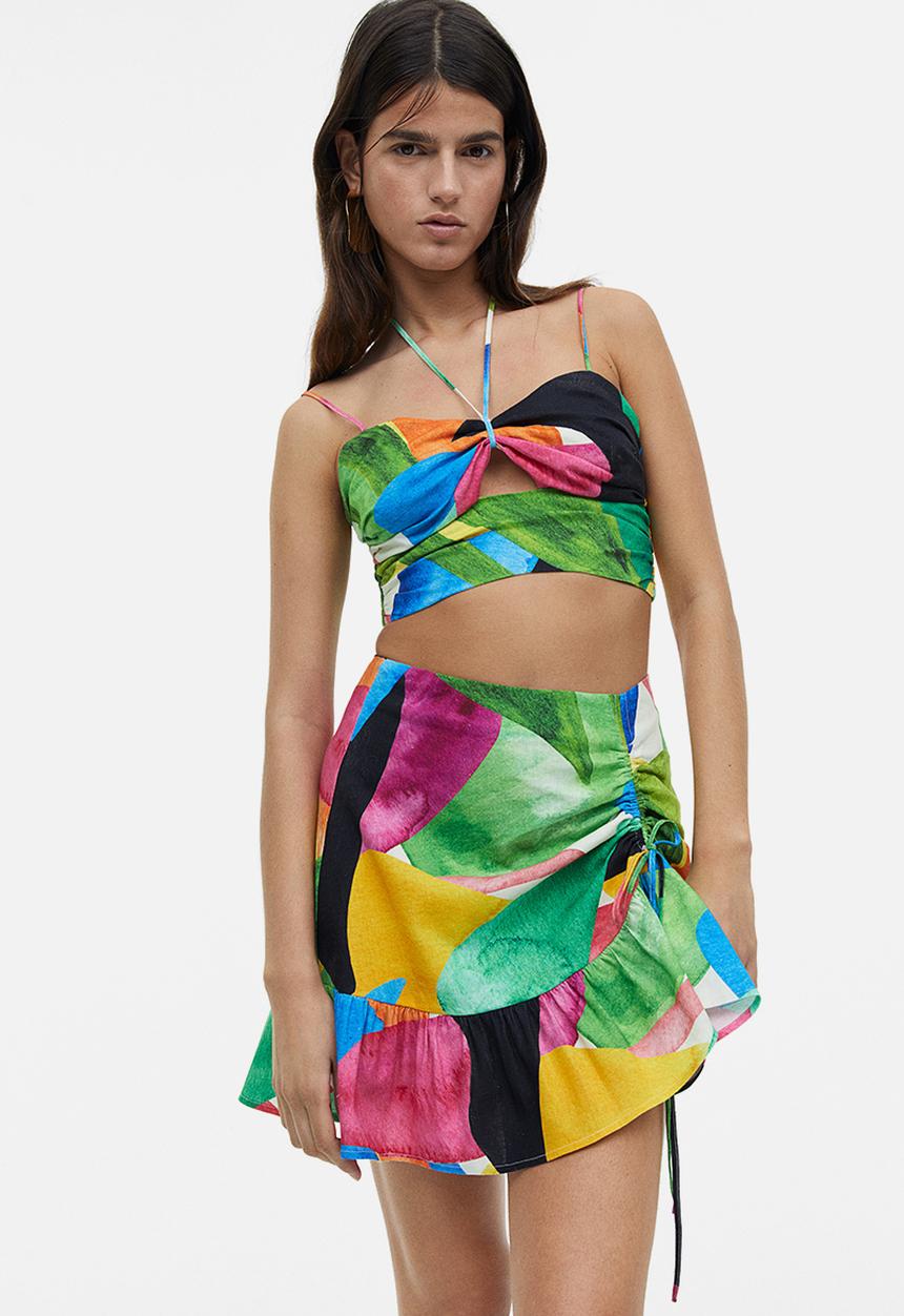 H&M - Drawstring-detail linen-blend skirt - green patterned