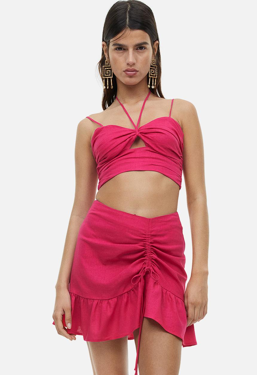 H&M - Drawstring-detail linen-blend skirt - cerise