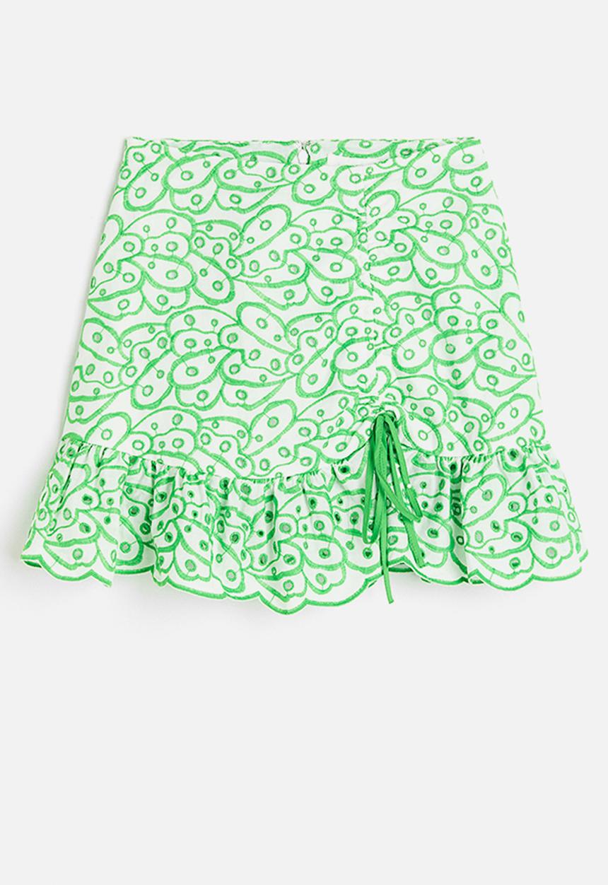 H&M - Broderie anglaise drawstring-detail skirt - white & green 