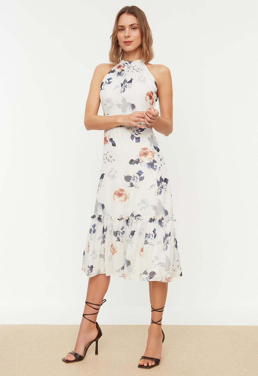 Trendyol - Floral halter neck midi dress - ecru
