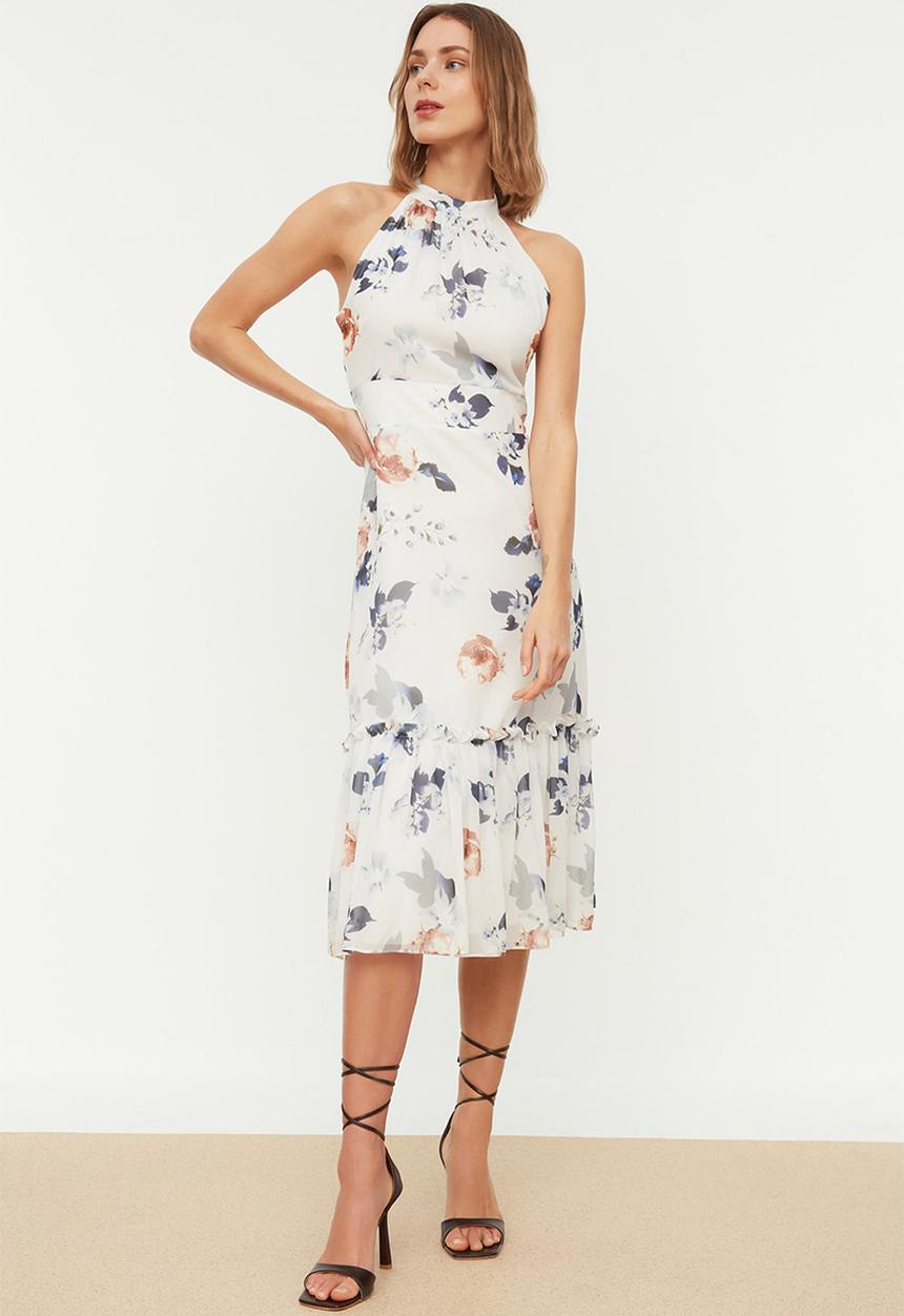Trendyol - Floral halter neck midi dress - ecru