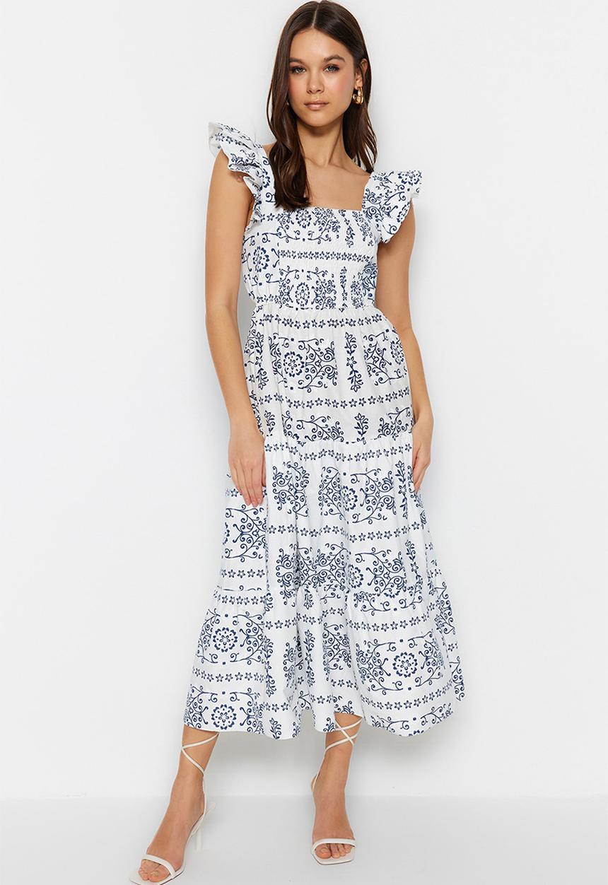 Trendyol - Floral poplin midi dress - white