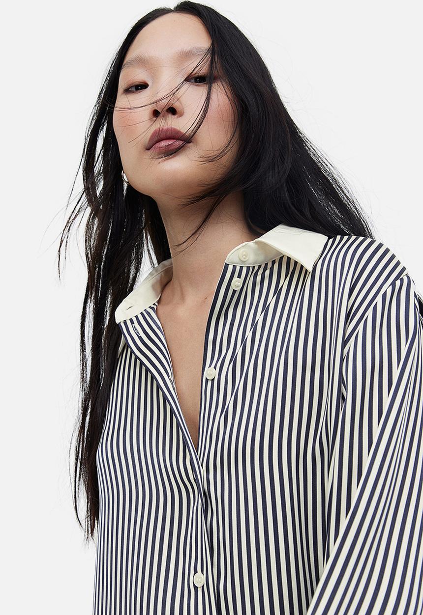 H&M - Pointed collar shirt - dark grey striped