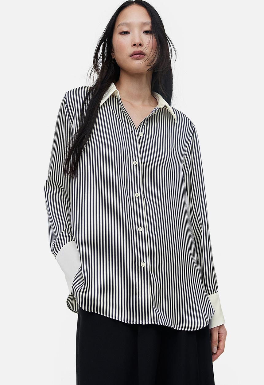 H&M - Pointed collar shirt - dark grey striped