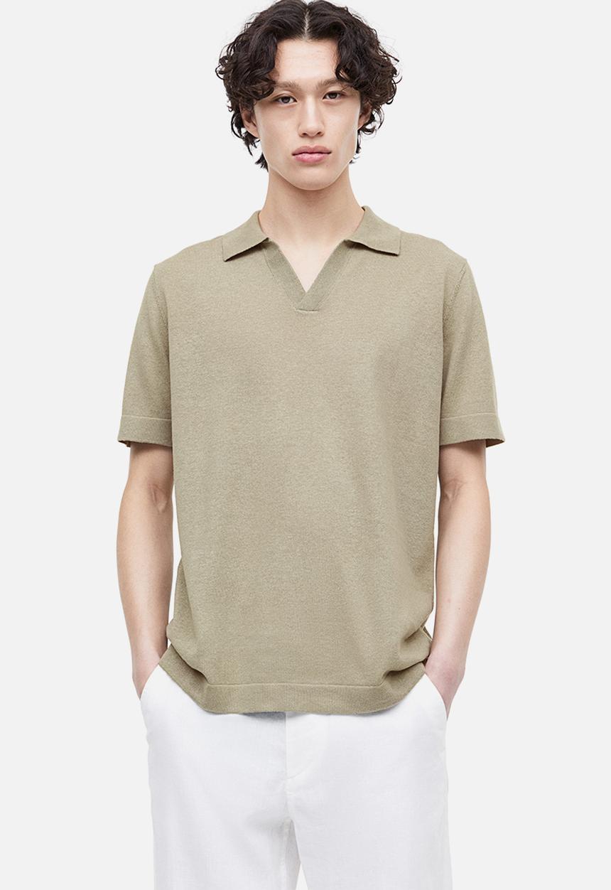 H&M - Regular fit linen-blend polo shirt - light khaki green 