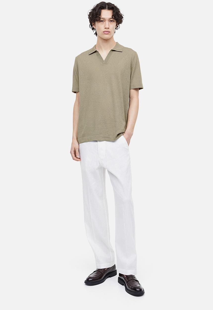 H&M - Regular fit linen-blend polo shirt - light khaki green 
