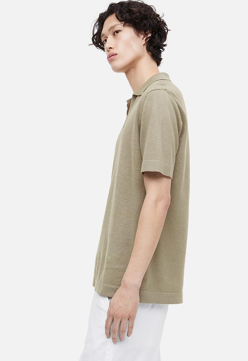 H&M - Regular fit linen-blend polo shirt - light khaki green 
