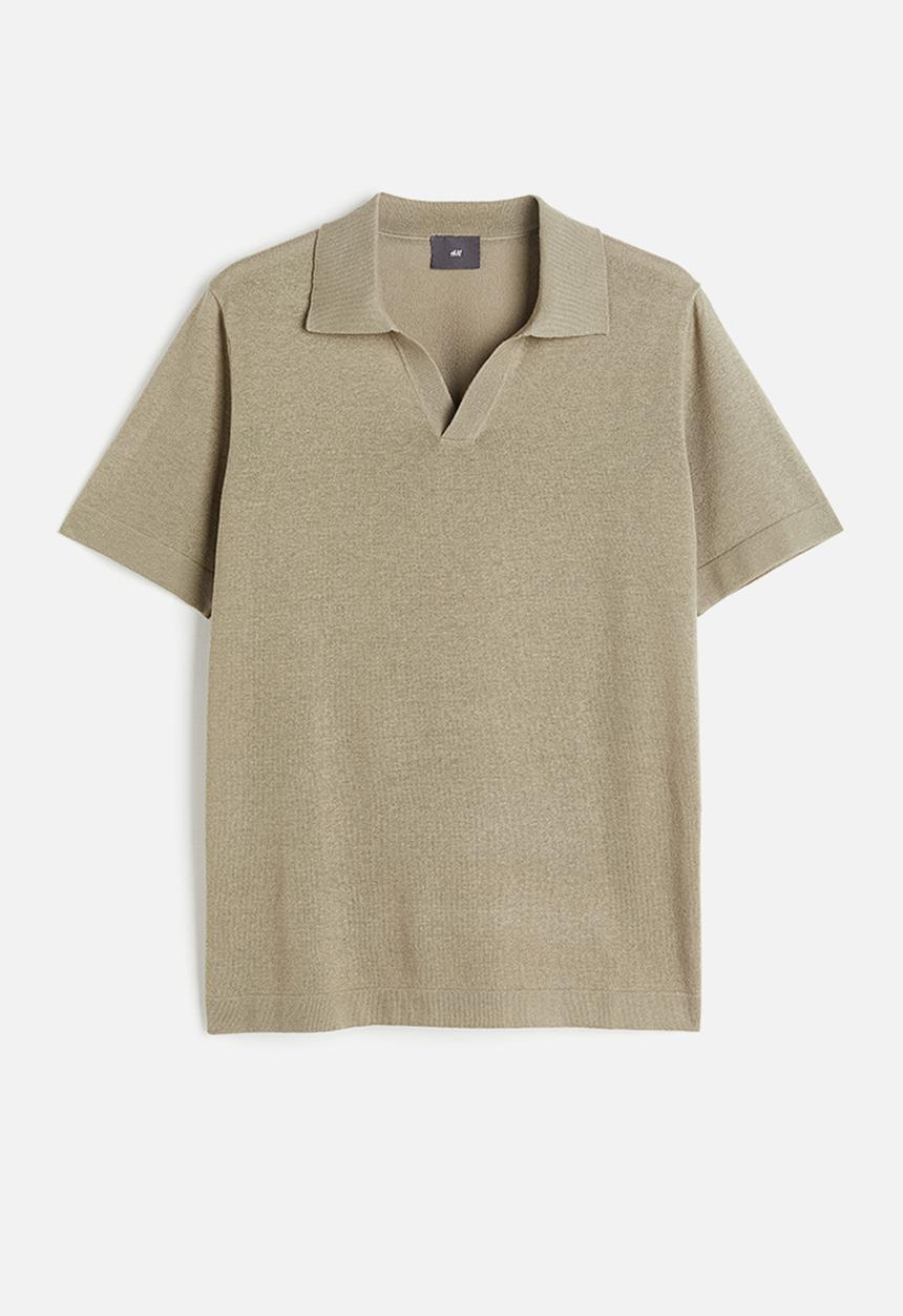 H&M - Regular fit linen-blend polo shirt - light khaki green 