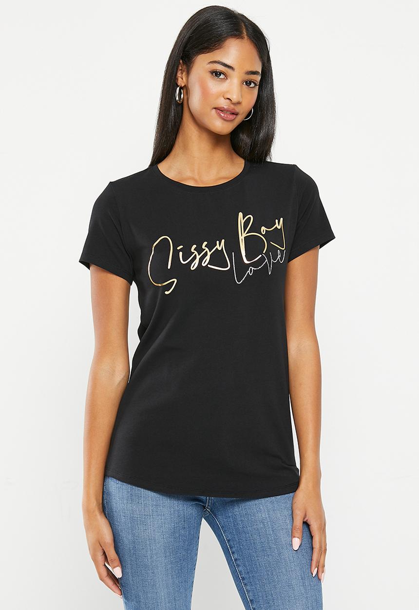 SISSY BOY - Hepburn: regular fit foil and bling logo top - black