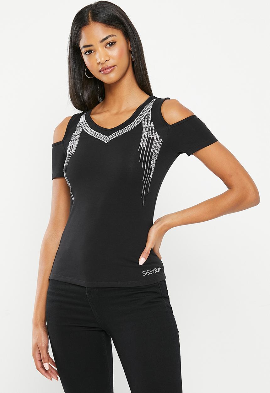 SISSY BOY - Tinisha: cold shoulder bling fashion top - black