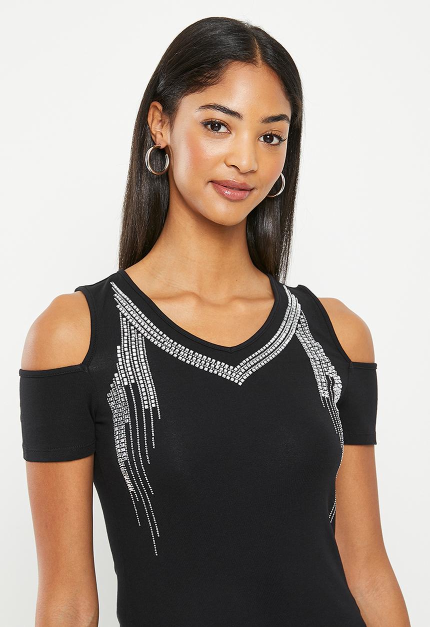 SISSY BOY - Tinisha: cold shoulder bling fashion top - black