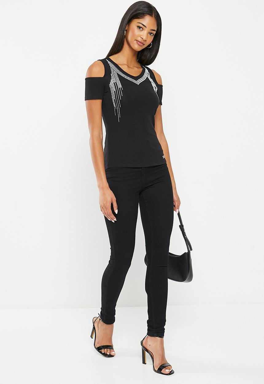 SISSY BOY - Tinisha: cold shoulder bling fashion top - black