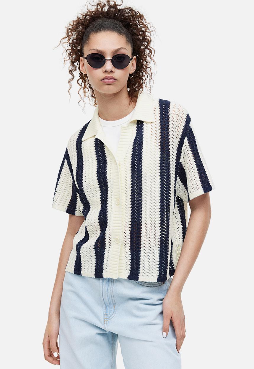 H&M - Hole-knit cardigan - dark blue/striped