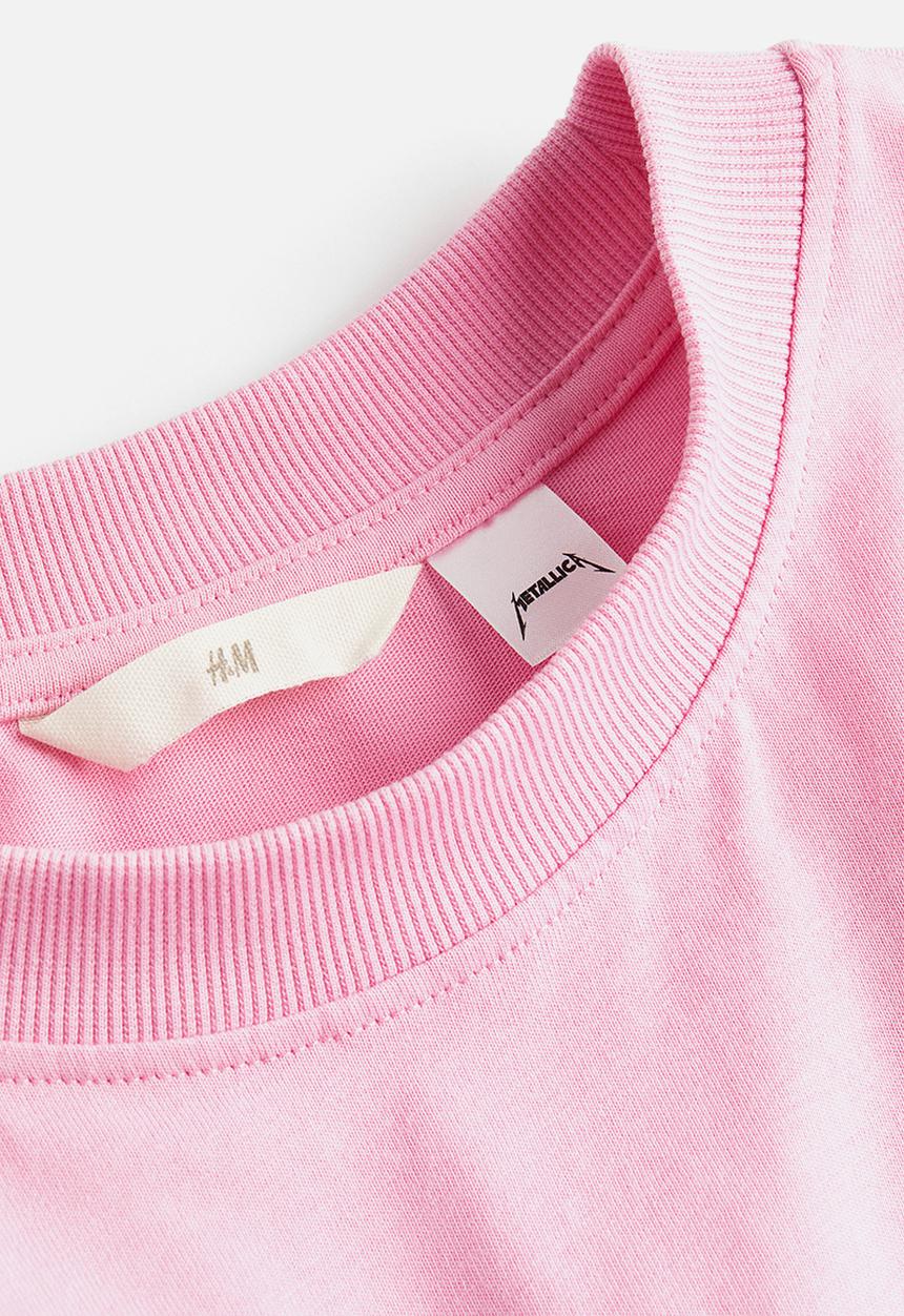 H&M - Long printed t-shirt - light pink/metallica 