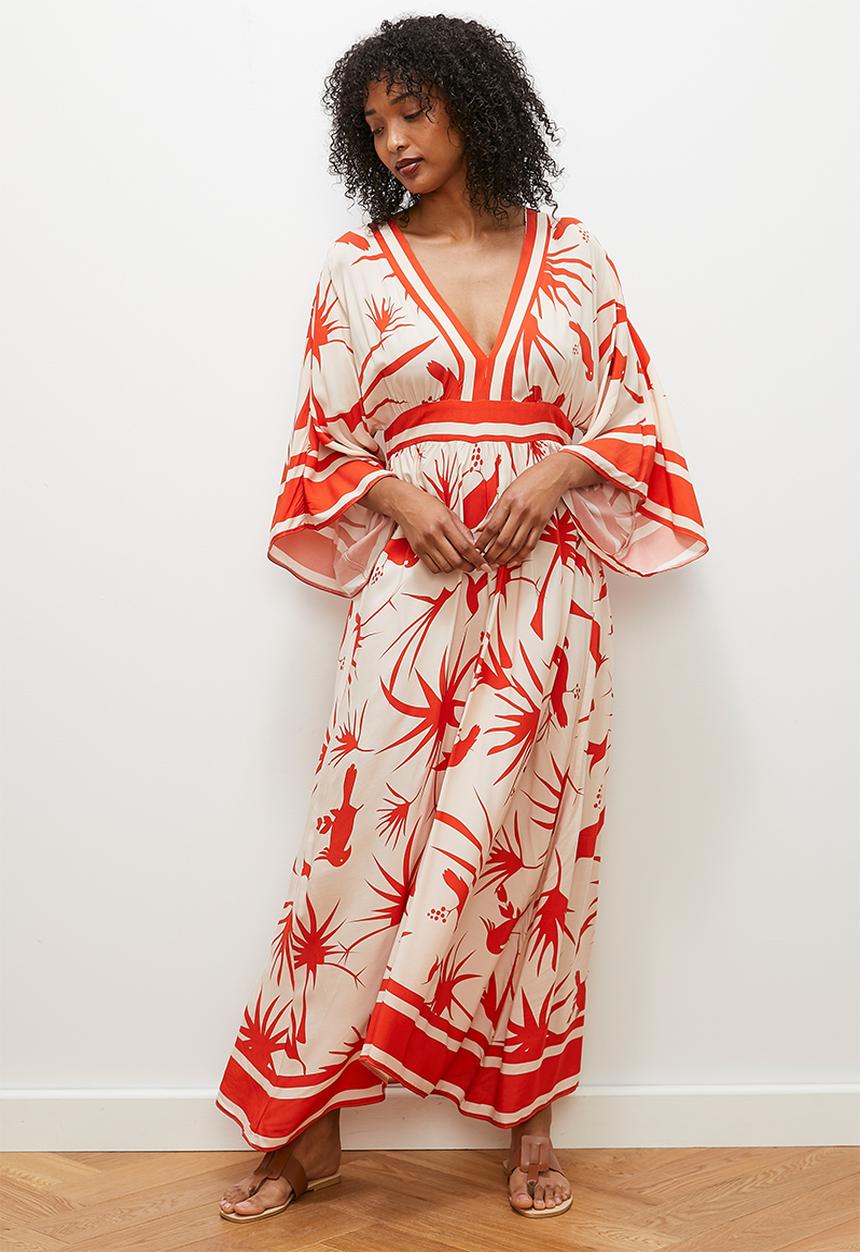 edit - V - neck empire midi dress - tangerine parrot border print