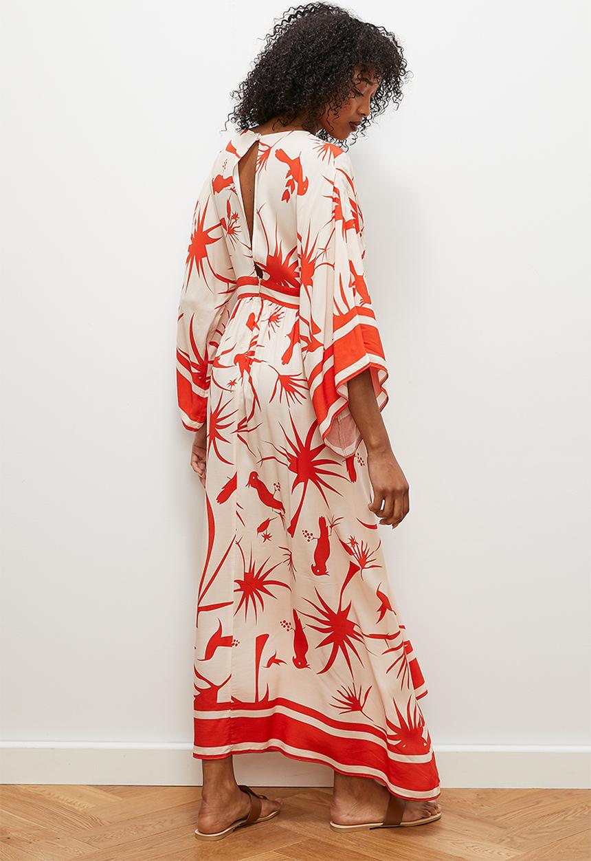 edit - V - neck empire midi dress - tangerine parrot border print