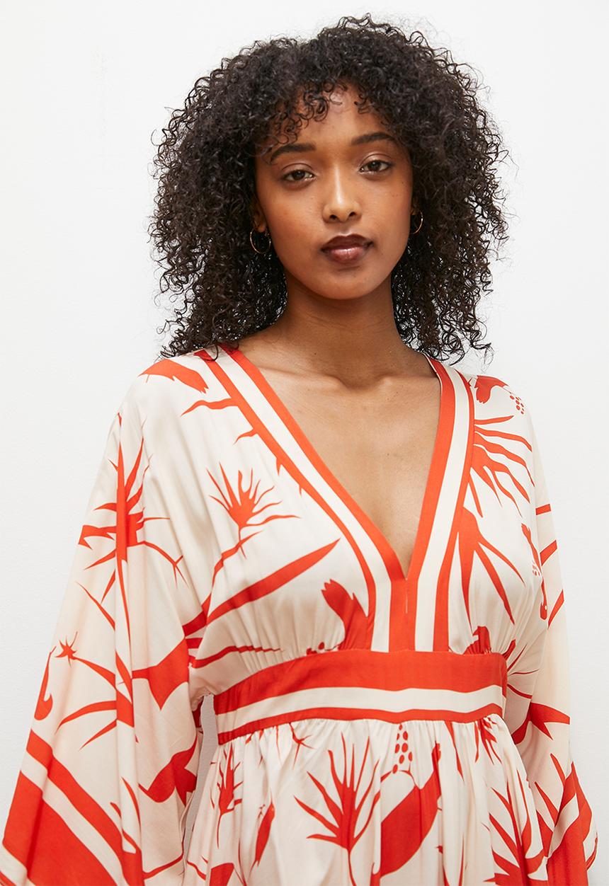 edit - V - neck empire midi dress - tangerine parrot border print