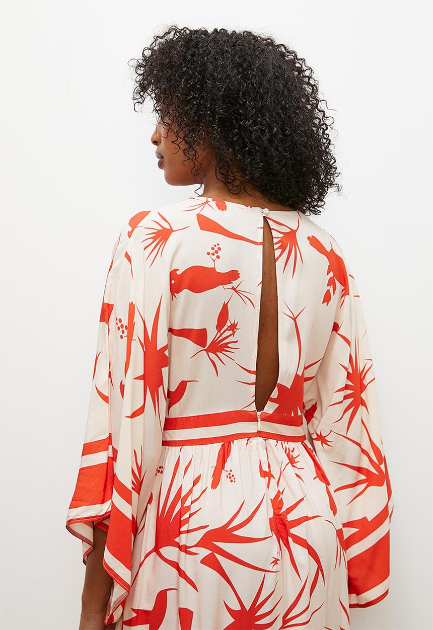 edit - V - neck empire midi dress - tangerine parrot border print