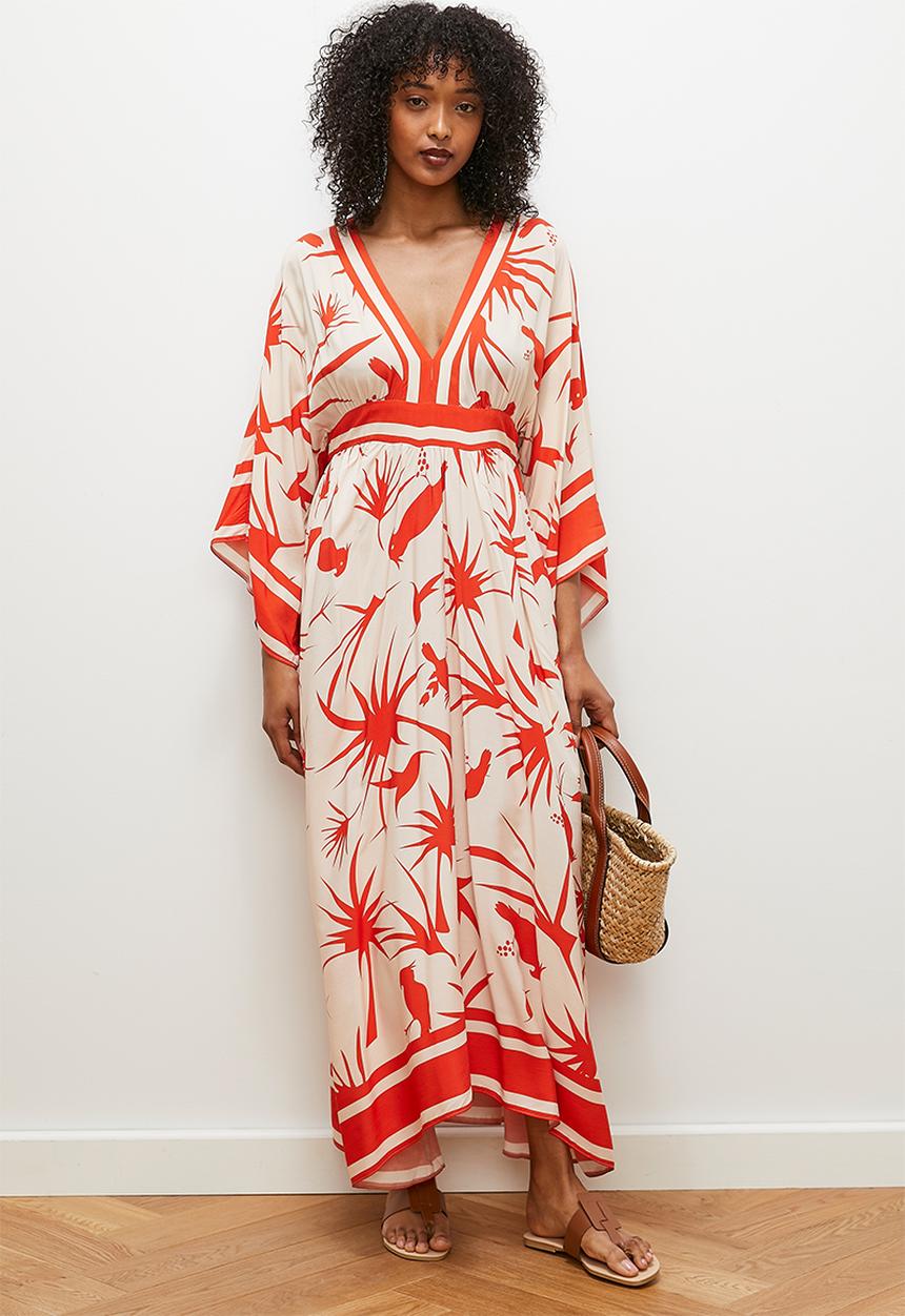 edit - V - neck empire midi dress - tangerine parrot border print