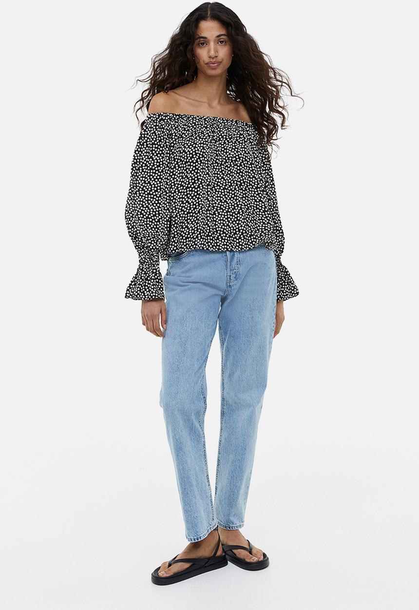 H&M - Satin off-the-shoulder blouse - black/spotted