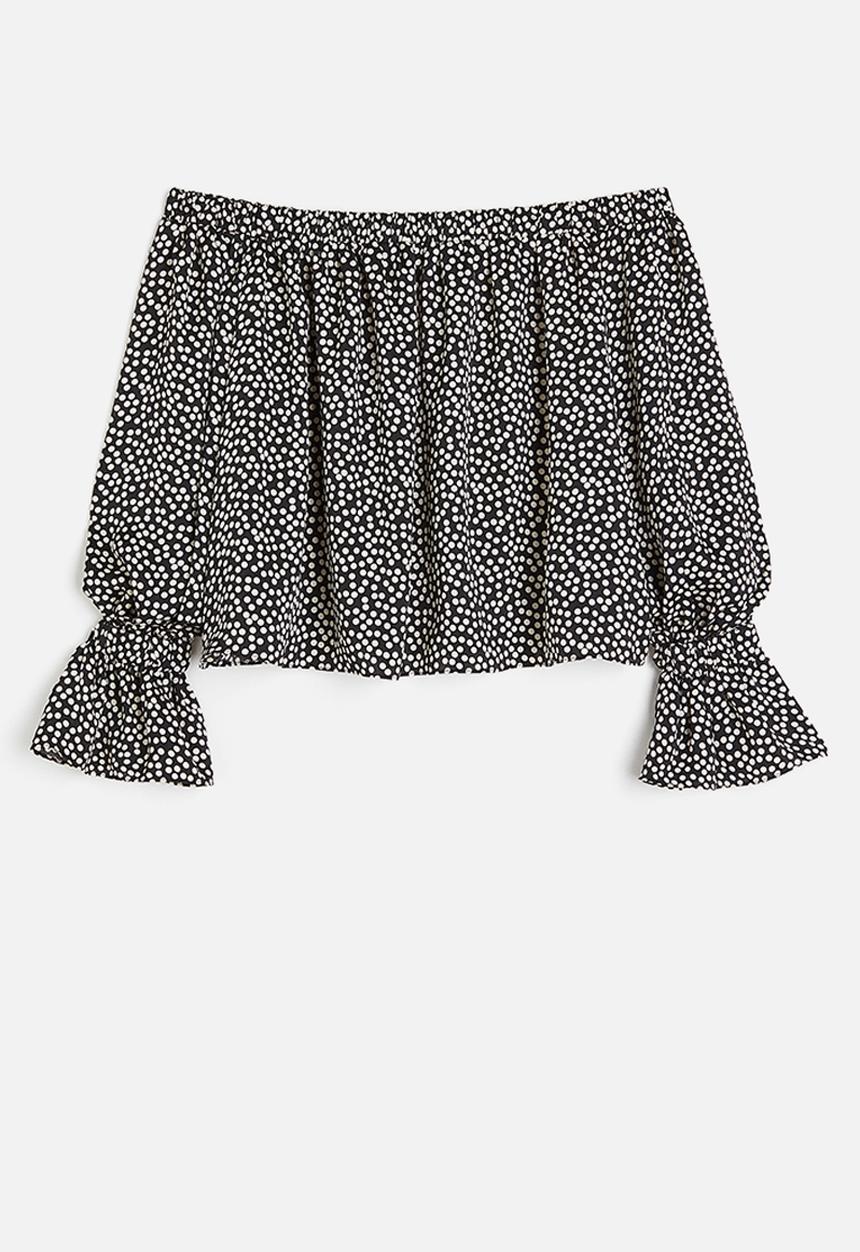 H&M - Satin off-the-shoulder blouse - black/spotted