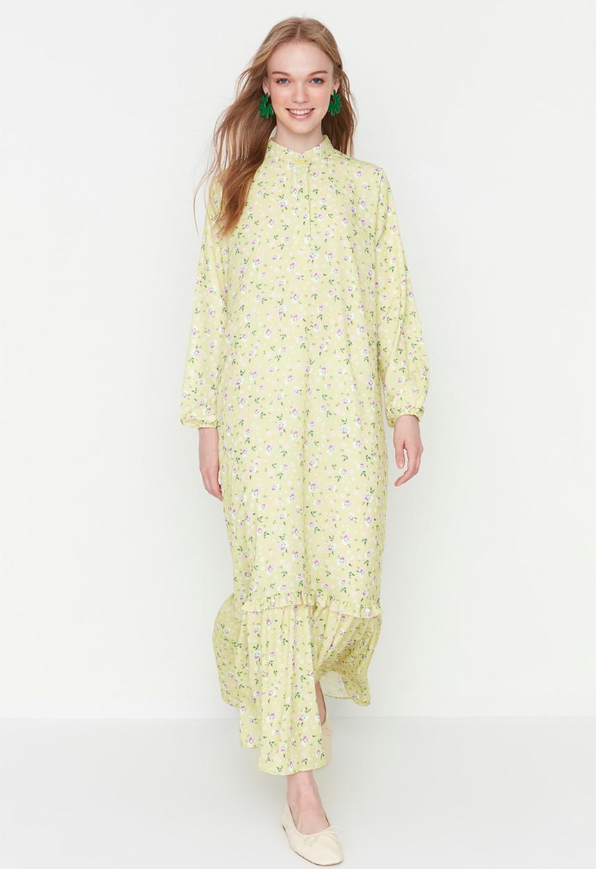 Trendyol - Modest floral mandarin collar maxi dress - green