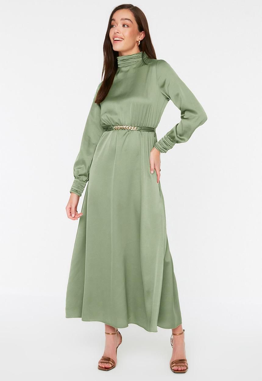 Trendyol - Modest highneck satin maxi dress - green