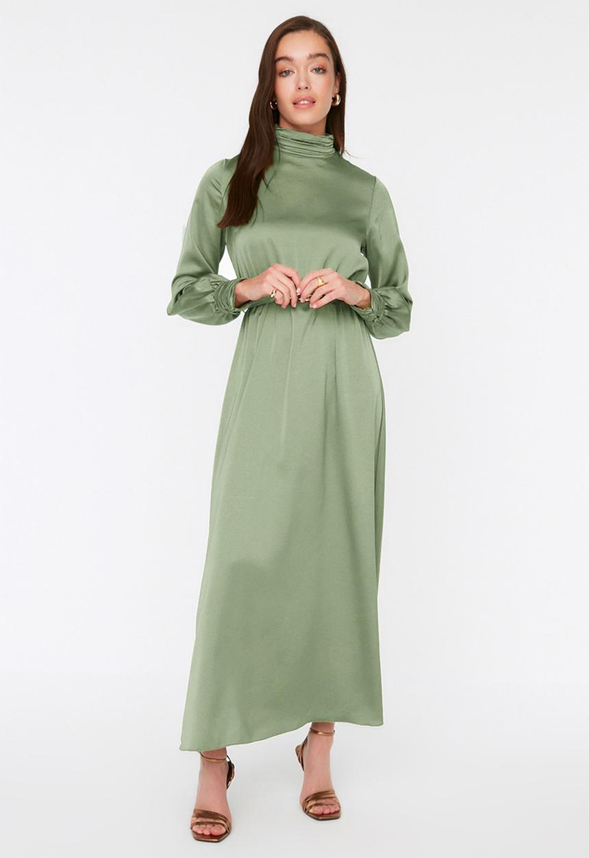 Trendyol - Modest highneck satin maxi dress - green