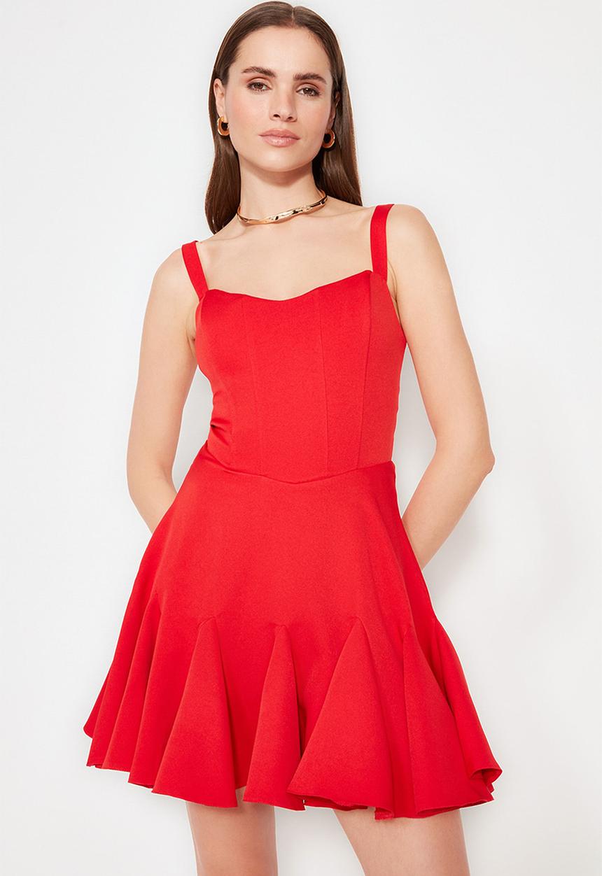 Trendyol - Mini sweeheart skater dress - red
