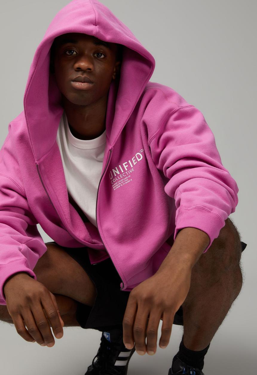 Unified baggy zip through hoodie - magenta/unified block